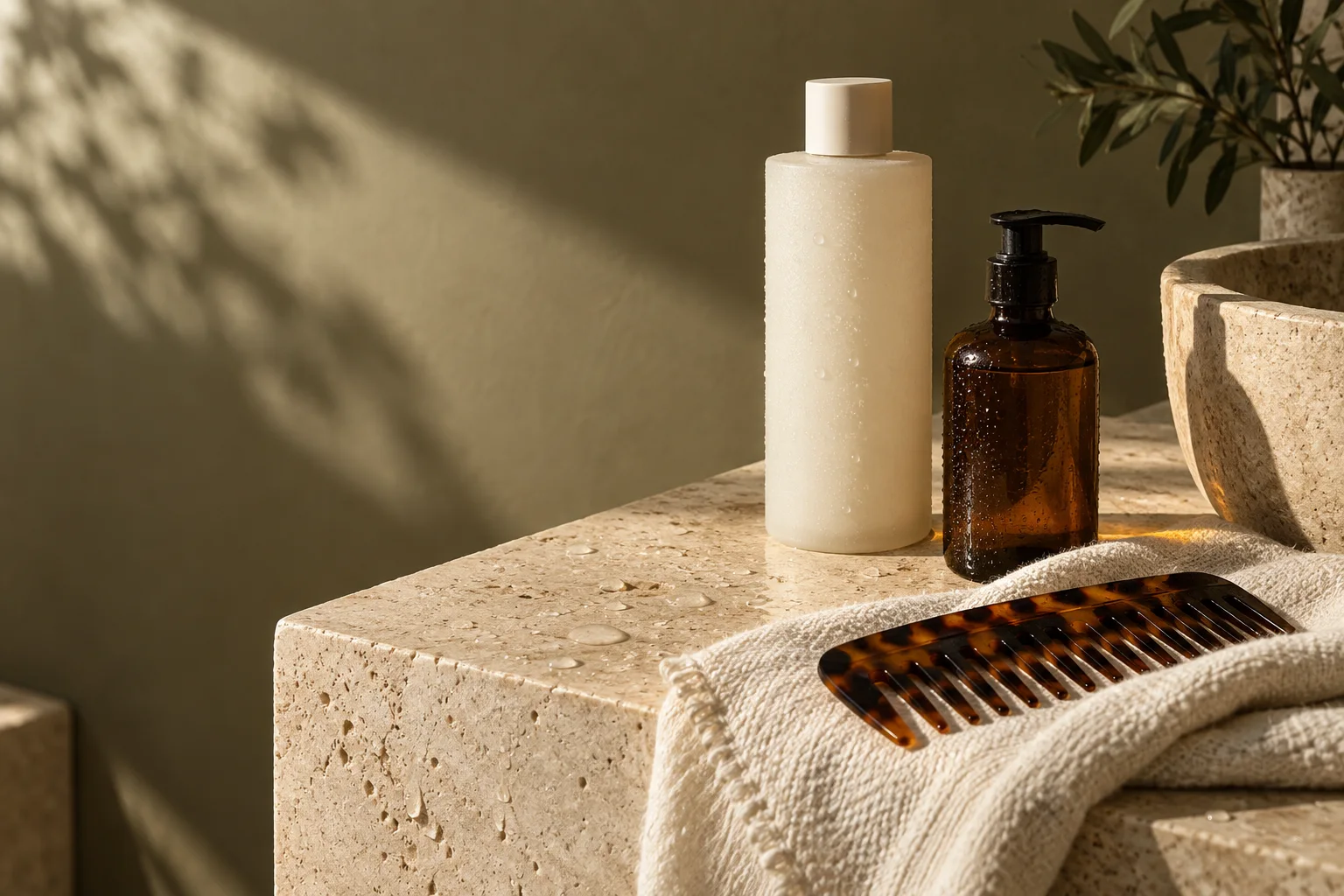 Editorial still life of unbranded haircare bottles and a comb